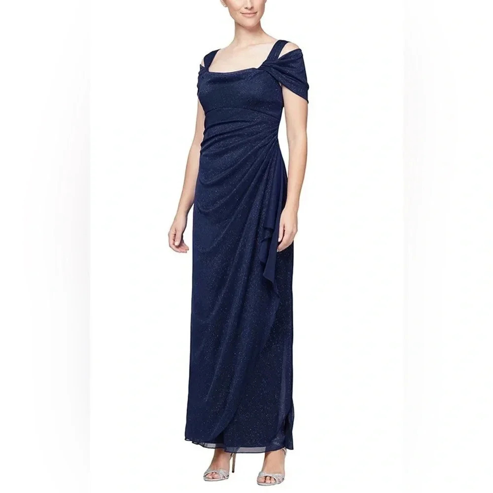 Alex‎ Evenings Cold Shoulder Glitter Mesh Dress Draped Skirt & Cowl Neckline 14